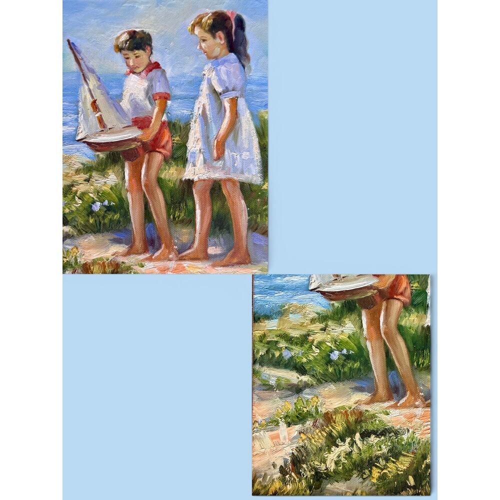 Vintage Coastal Oil Painting-Children-Sailboat-Ornate Gilt Wood Frame-Art-Beach - Picture 10 of 11